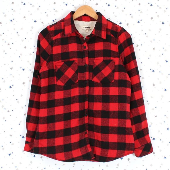 Sherpa Fur Lined Flannel Plaid Button Up Shirt Red Black Medium - Picture 5 of 7